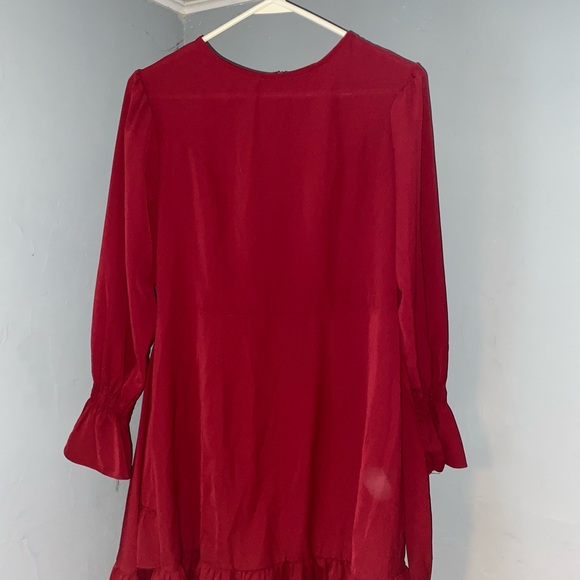 Red Long Sleeve Dress Mid Thigh Dress Faux Wrap - Picture 5 of 7